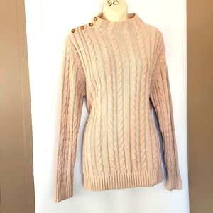 #9-Cable knit sweater XL  Pullover tan buttons shoulder